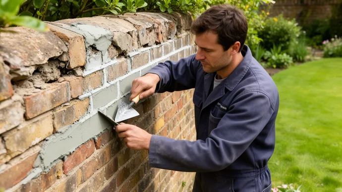 Vakman voegt een oude bakstenen tuinmuur opnieuw met een voegspijker