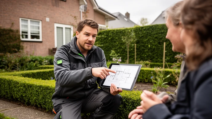 Hovenier bespreekt een tuinontwerp bij een woning