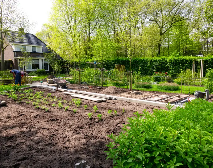 Hovenier bezig met tuinaanleg in een Nederlandse tuin